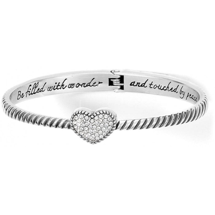 Brighton bangle bracelet with silver-plated rope design, crystal pavé heart, and engraved inscription on a white background