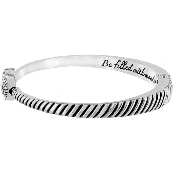 Brighton bangle bracelet with silver-plated twisted rope texture and engraved inscription inside the band on a white background