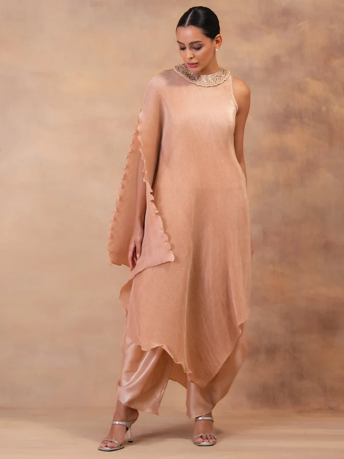 Champagne Muse Drape Tunic With Dhoti Pants