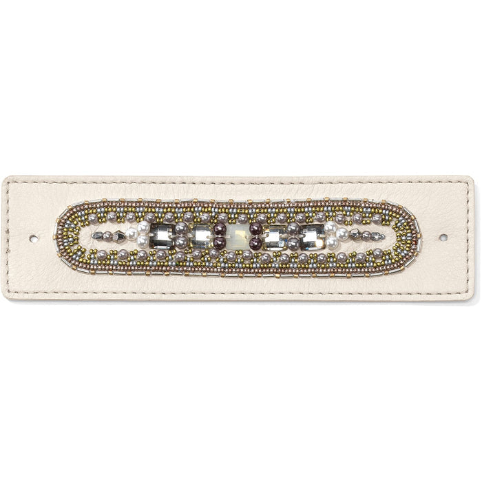 Brighton beaded leather bracelet with crystal accents, pearls, and gold and silver-tone seed beads on a white background