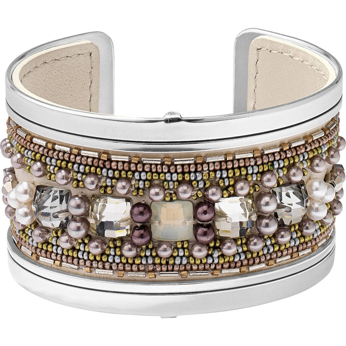 Brighton cuff bracelet with silver-tone frame, mixed beadwork, pearls, and crystal accents on a white background