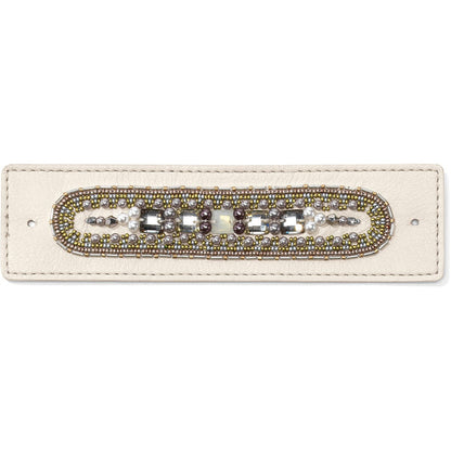 Brighton beaded leather cuff bracelet with crystals, pearls, and metallic seed beads on cream leather on a white background