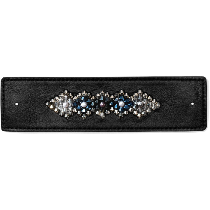 Brighton black leather bracelet band with silver-tone beaded medallion, crystal accents, and pearl centers on a white background