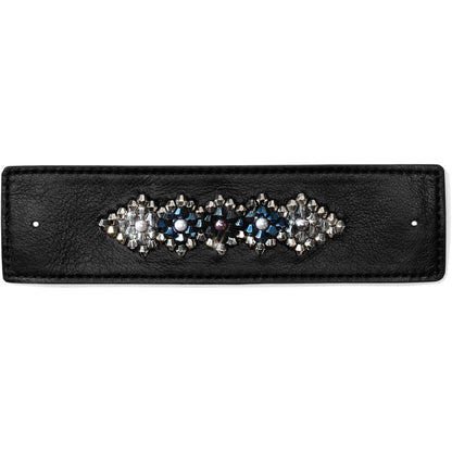 Brighton black leather bracelet band with silver-tone beaded medallion, crystal accents, and pearl centers on a white background