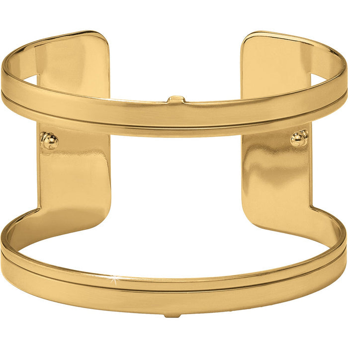 Brighton cuff bracelet in gold-tone finish with wide open cutout design and polished bands on a white background