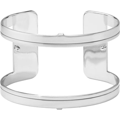 Brighton cuff bracelet with wide silver-tone open frame design and polished double-bar edges on a white background
