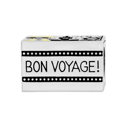 Brighton silver-plated rectangular charm with Bon Voyage text and black dotted border details on a white background