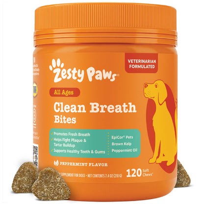 Orange jar of Zesty Paws Clean Breath Bites for dogs with peppermint flavor, containing 120 soft chews.