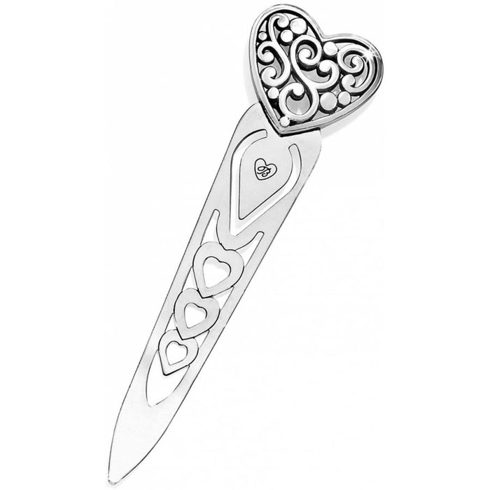 Brighton silver-plated bookmark with ornate heart top and cutout heart details along the tapered blade on a white background