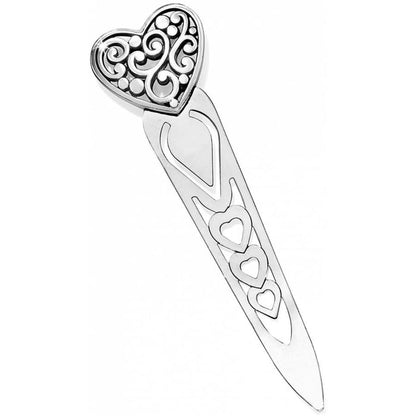 Brighton bookmark with silver-plated ornate scrollwork heart top and cut-out heart detailing along the blade on a white background