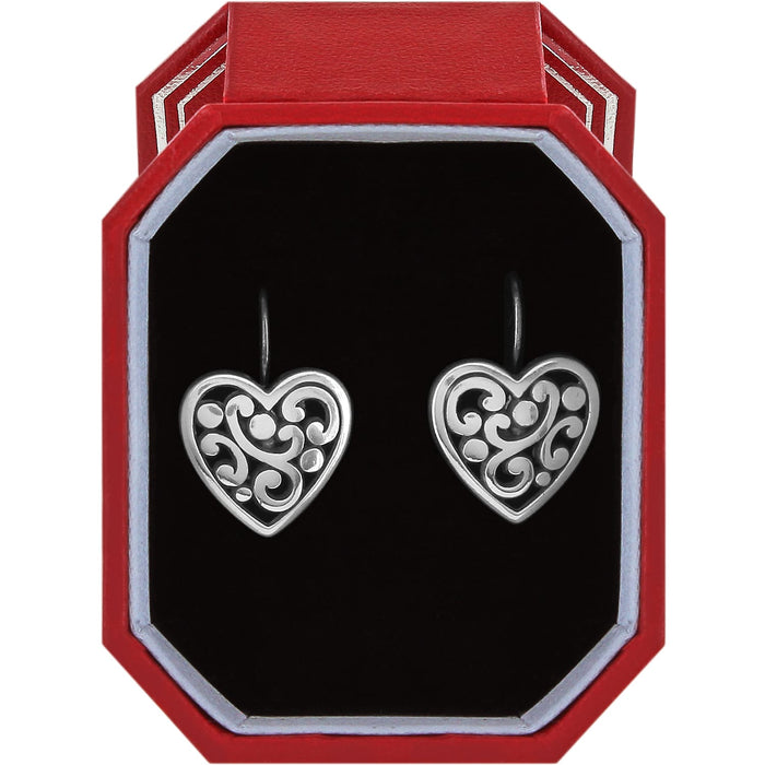 Brighton heart drop earrings with silver-plated scroll and dot filigree design in a red gift box on a white background