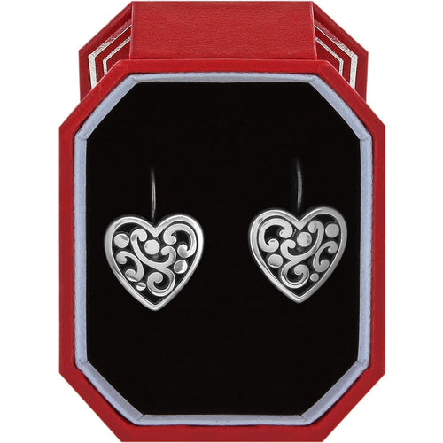 Brighton heart drop earrings with silver-plated scroll and dot filigree design in a red gift box on a white background