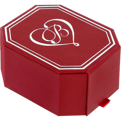 Brighton red gift box with white scrollwork monogram and decorative border on a white background