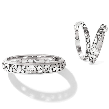 Brighton bangle bracelet and hoop earrings set with silver-tone scroll filigree design on a white background