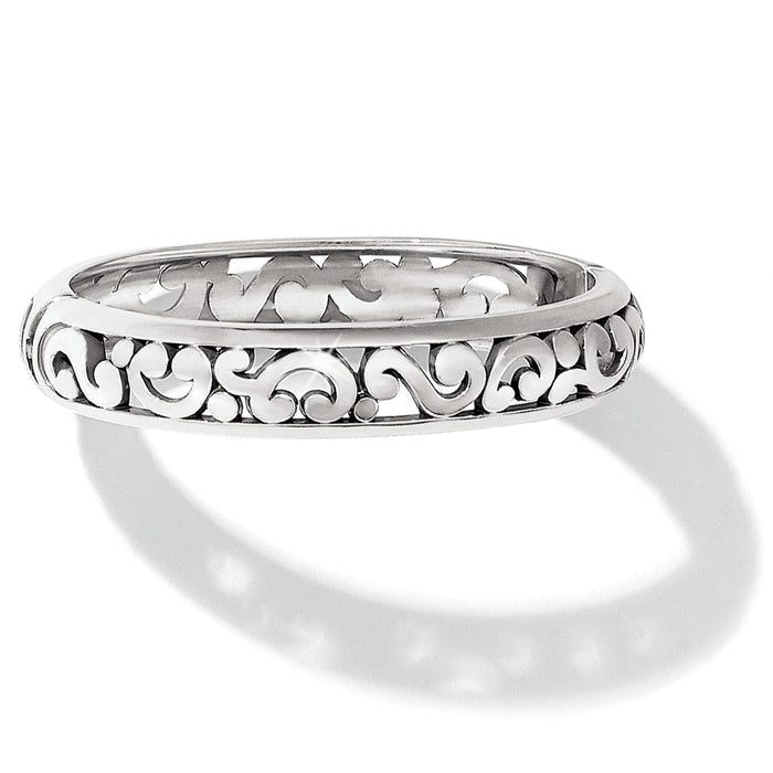 Brighton ring with silver-tone openwork scroll design around the band on a white background