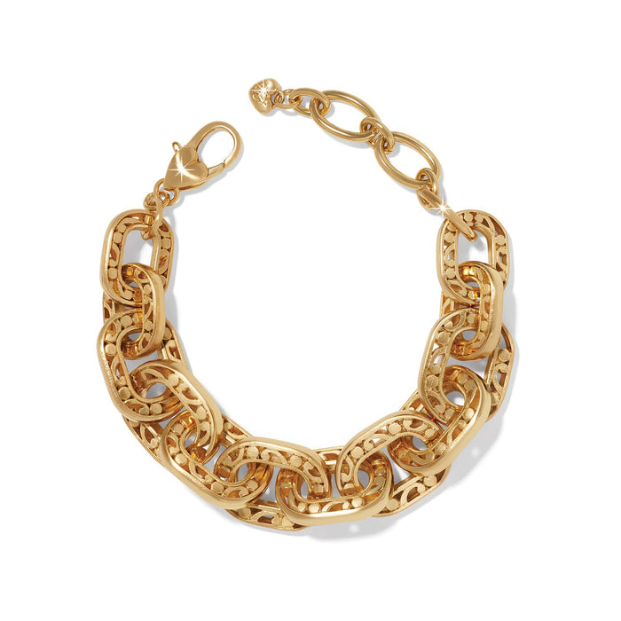 Brighton chunky link bracelet with gold-plated oval links, filigree detail, and heart-shaped lobster clasp on a white background