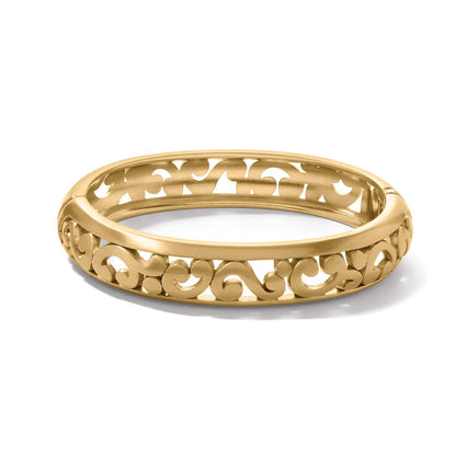 Brighton bangle bracelet with gold-plated openwork scroll design and smooth rounded edges on a white background