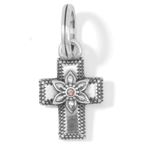Brighton cross charm in silver-plated finish with floral center design and pink crystal accent on a white background