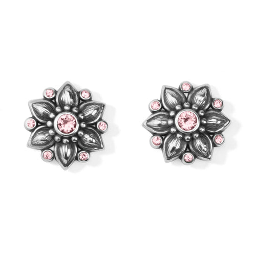 Brighton stud earrings with silver-plated floral design and pink crystal accents on a white background