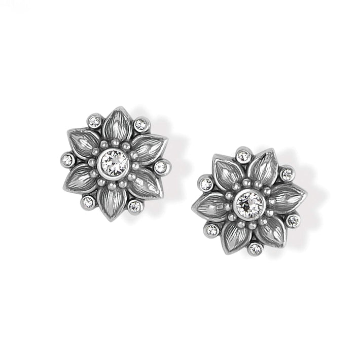Brighton stud earrings with silver-plated floral design and crystal accents around a central crystal on a white background