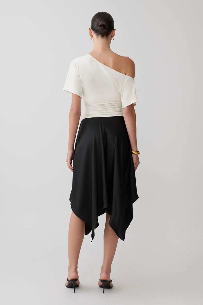 Coralie Asymmetric Satin Midi Skirt - Black