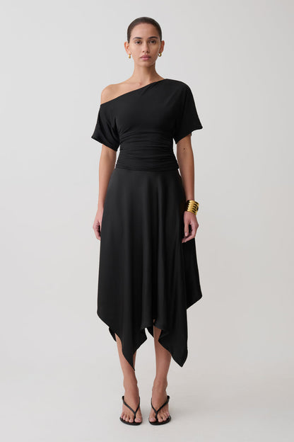 Coralie Asymmetric Satin Midi Skirt - Black