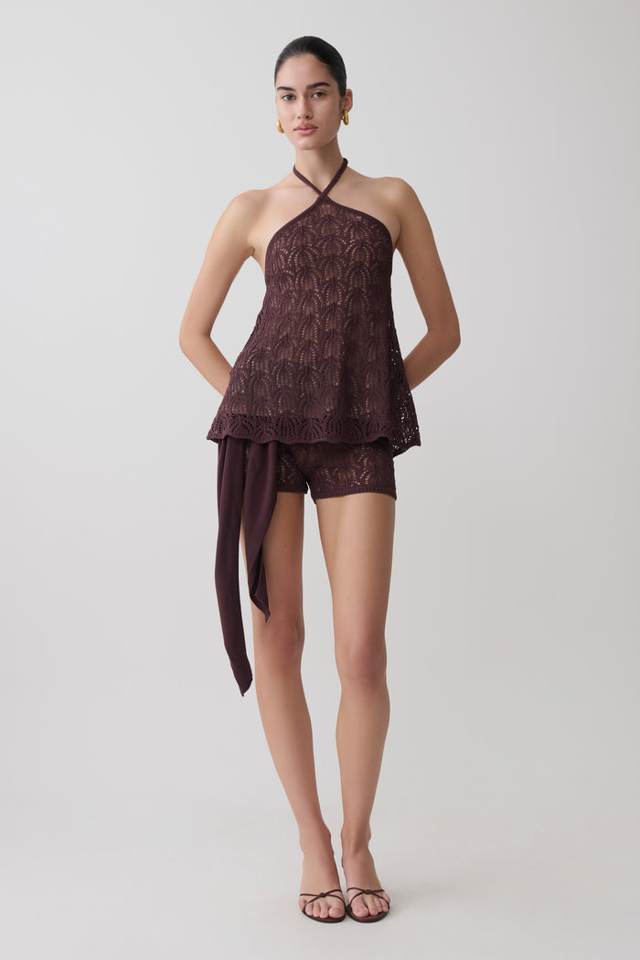 Corey Crochet Halter Neck Top - Chocolate