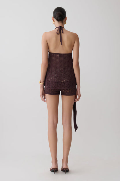 Corey Crochet Halter Neck Top - Chocolate