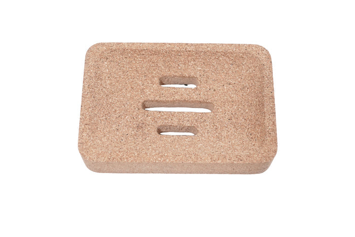 Rectangular cork soap dish on a white background
