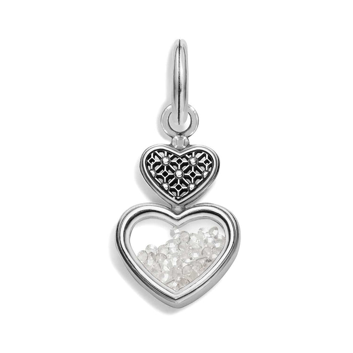 Brighton double heart charm with silver-plated filigree top and crystal-filled lower heart on a white background