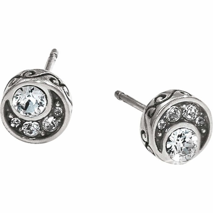 Brighton stud earrings with silver-plated scrollwork and crystal accents in a round design on a white background
