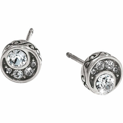 Brighton stud earrings with silver-plated scrollwork and crystal accents in a round design on a white background