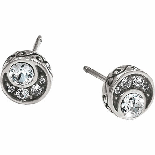 Brighton stud earrings with silver-plated scrollwork and crystal accents in a round design on a white background
