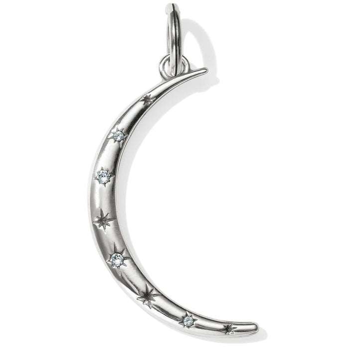 Brighton crescent moon charm with silver-plated finish, etched stars, and crystal accents on a white background