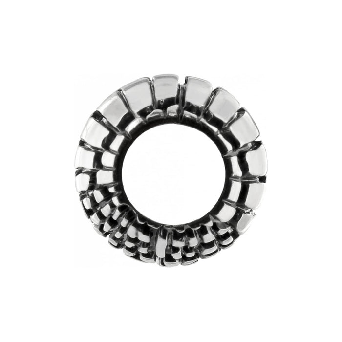 Brighton silver-plated spacer charm bead with ridged textured pattern and open center on a white background