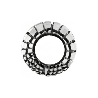 Brighton silver-plated spacer charm bead with ridged textured pattern and open center on a white background