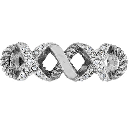 Brighton silver-plated band ring with twisted rope details and crystal-set crossover X motifs on a white background