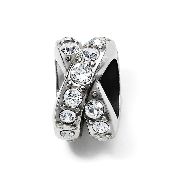 Brighton charm bead with silver-plated crossover design and clear crystal accents on a white background
