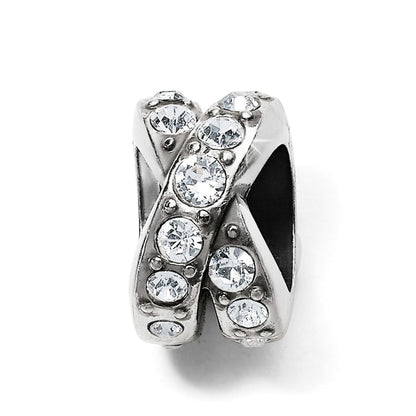 Brighton charm bead with silver-plated crossover design and clear crystal accents on a white background