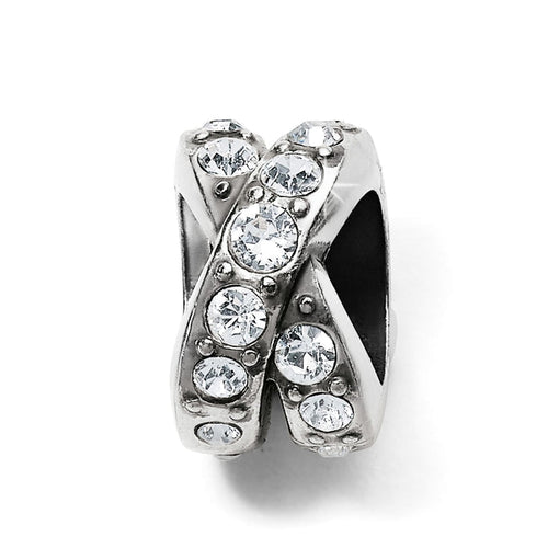 Brighton charm bead with silver-plated crossover design and clear crystal accents on a white background