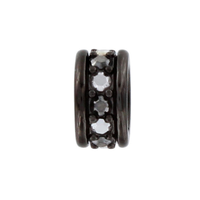 Brighton spacer charm with row of crystal stones set between dark metal banded edges on a white background