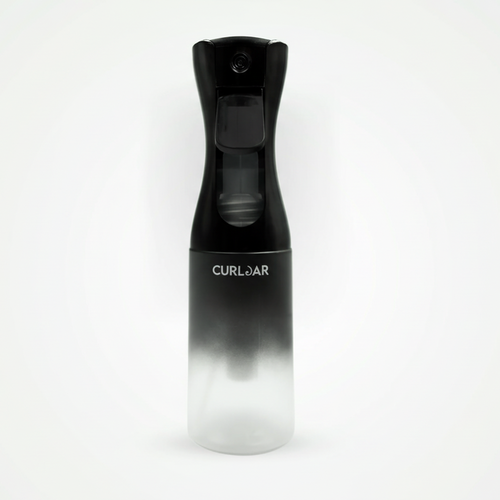 Black and white misting spray bottle with 'Curljar' branding on a white background