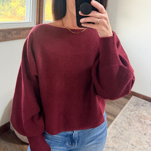 Dark Burgundy Boat Neck Cropped Sweater