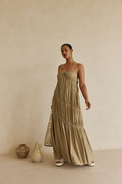 Khaki Taupe Green Ruched Maxi Daysia Dress