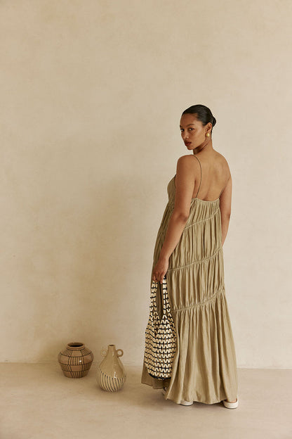 Khaki Taupe Green Ruched Maxi Daysia Dress