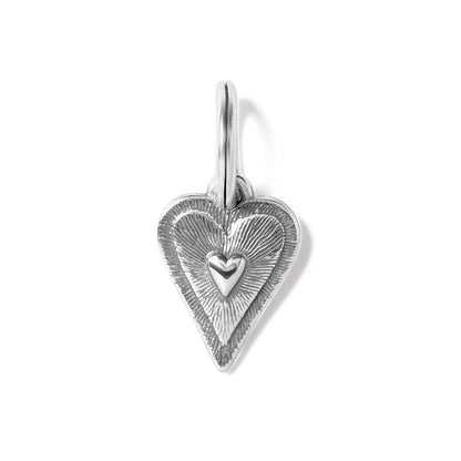 Brighton heart charm with silver-plated finish, textured radiating design, and small raised heart center on a white background
