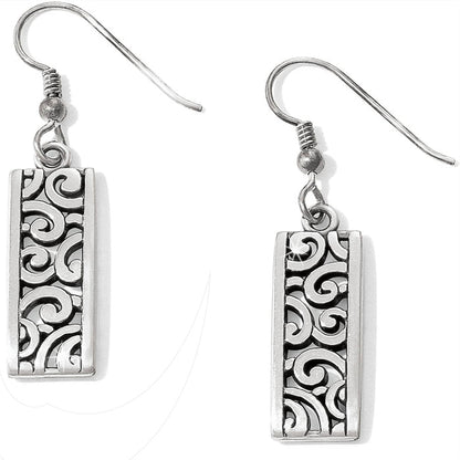 Brighton drop earrings with silver-plated rectangular pendants featuring openwork scroll designs on a white background