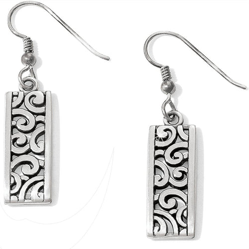 Brighton drop earrings with silver-plated rectangular pendants featuring openwork scroll designs on a white background