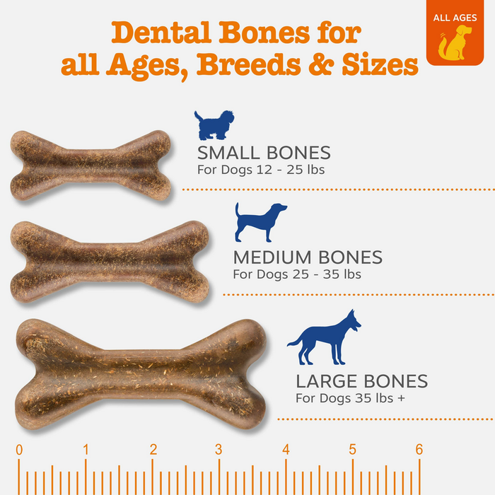 Three brown textured dental bone chews displayed by size: small, medium, and large, with measurement scale and dog weight cat