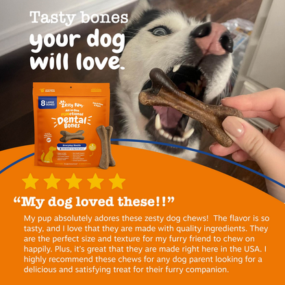Large dog chew bone held in hand next to orange product package with white dog chewing treat.